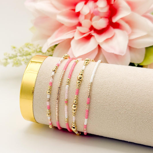 Pretty & Pink | 18k gold filled with pink and white bracelet stack | beaded stretch bracelet | tiny bead bracelet | seed bead | gift set