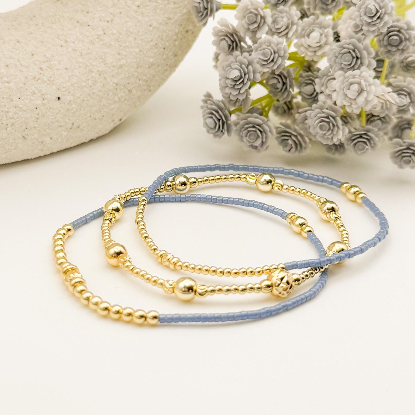 Joy Stack | 18k gold filled with light blue, green and mauve bracelet stack | beaded stretch bracelet | seed bead | gift set