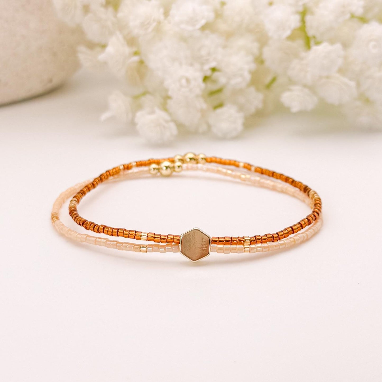 Double Strand Seed Bead Bracelet | 18k gold filled with amber, blue and burgundy double bracelets| stretch bracelet | dainty | gift