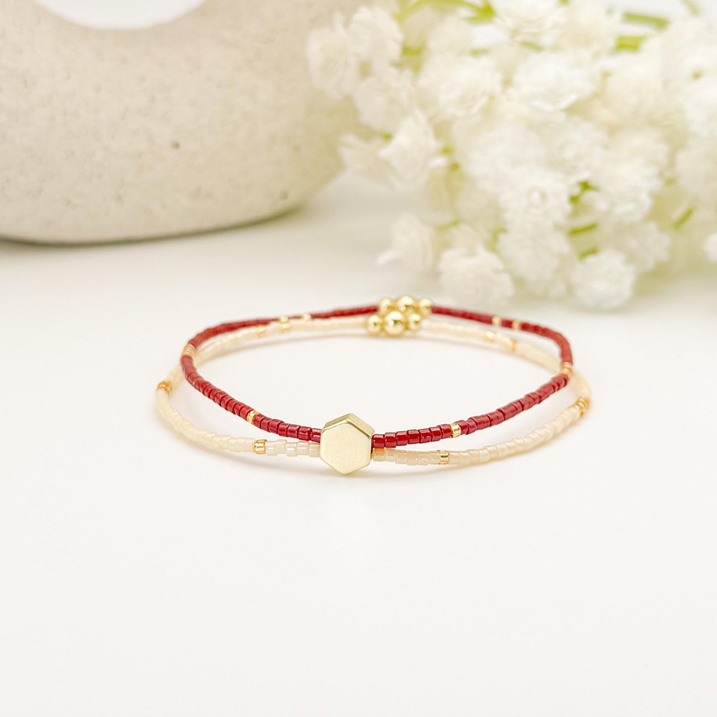 Double Strand Seed Bead Bracelet | 18k gold filled with amber, blue and burgundy double bracelets| stretch bracelet | dainty | gift