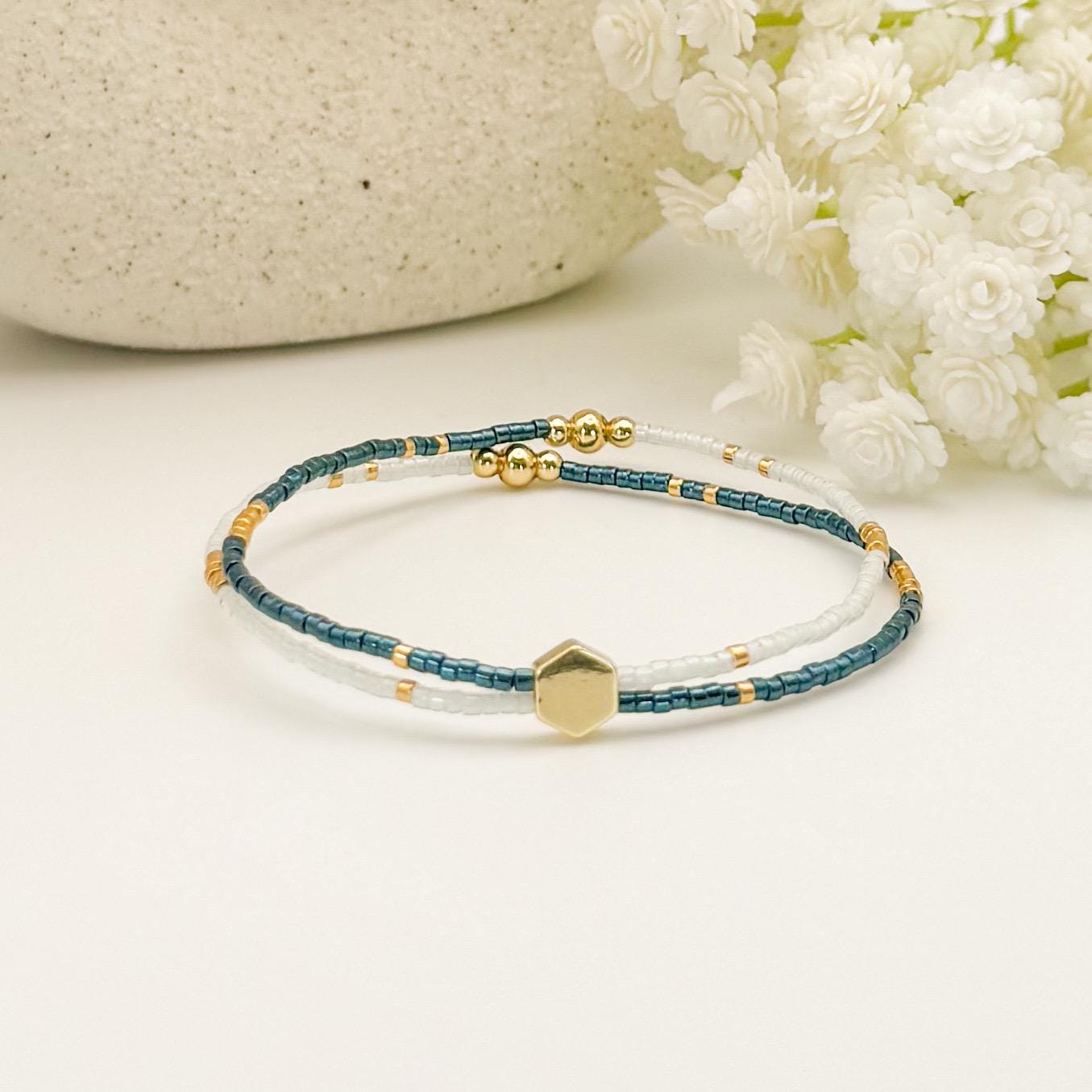 Double Strand Seed Bead Bracelet | 18k gold filled with amber, blue and burgundy double bracelets| stretch bracelet | dainty | gift