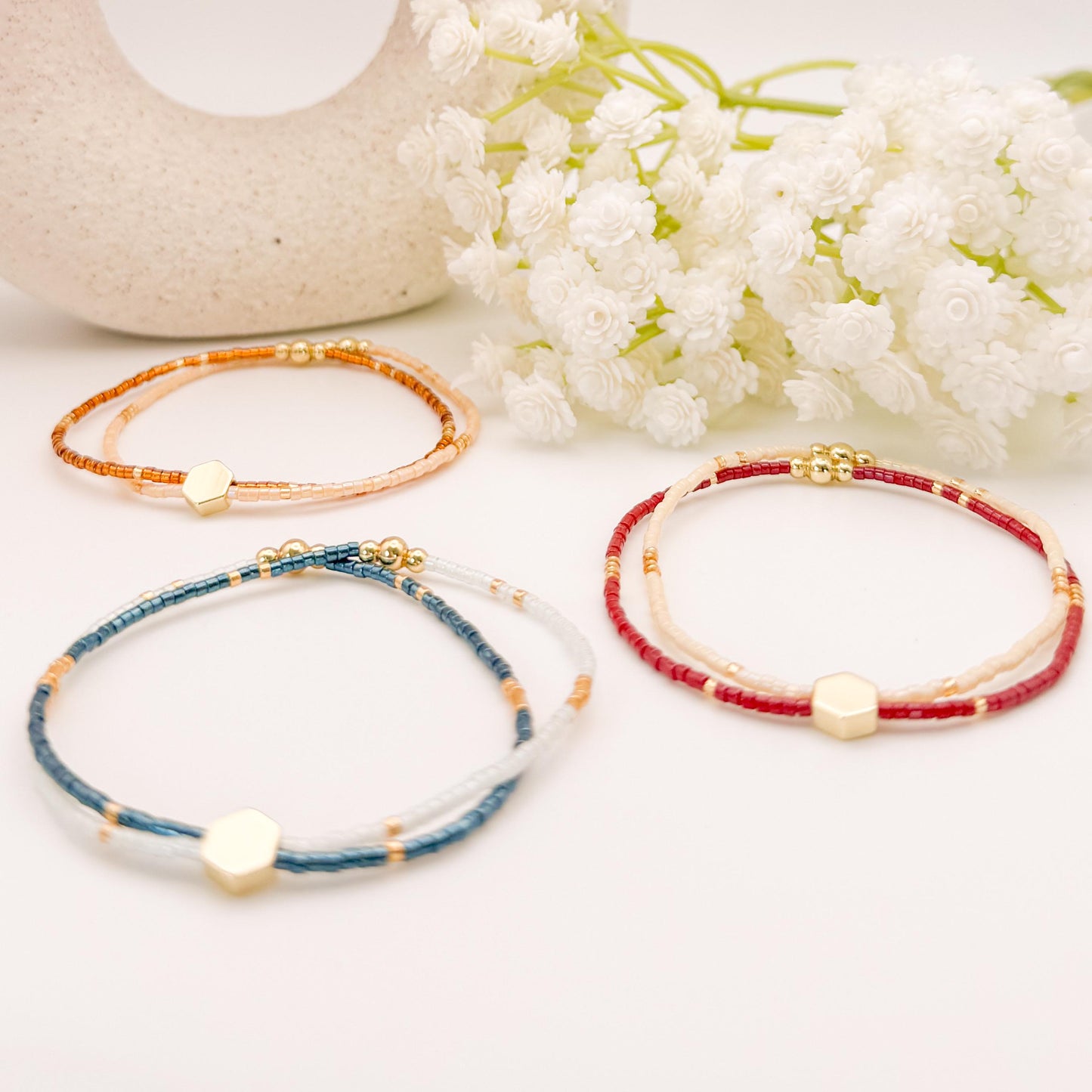 Double Strand Seed Bead Bracelet | 18k gold filled with amber, blue and burgundy double bracelets| stretch bracelet | dainty | gift