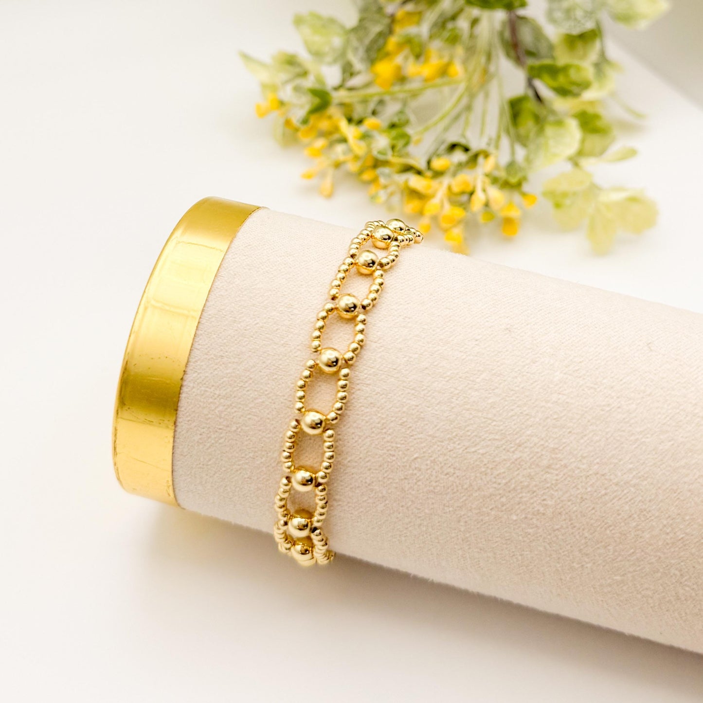 Golden Loop Bracelet | 18k gold filled with beaded link design | beaded stretch bracelet | vintage bead bracelet  | gift set | chunky gold
