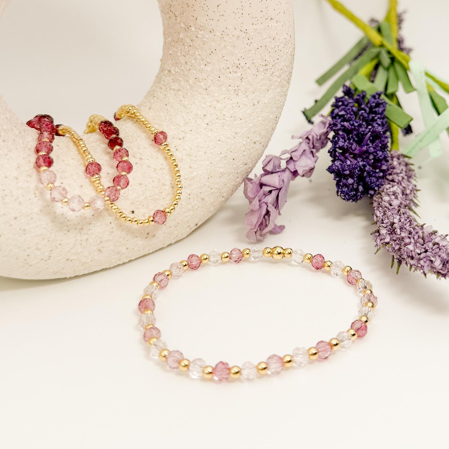 Blush | 18k gold filled with deep pink and purple crystal beads | beaded stretch bracelet  | bracelet set | gift set | layering bracelets