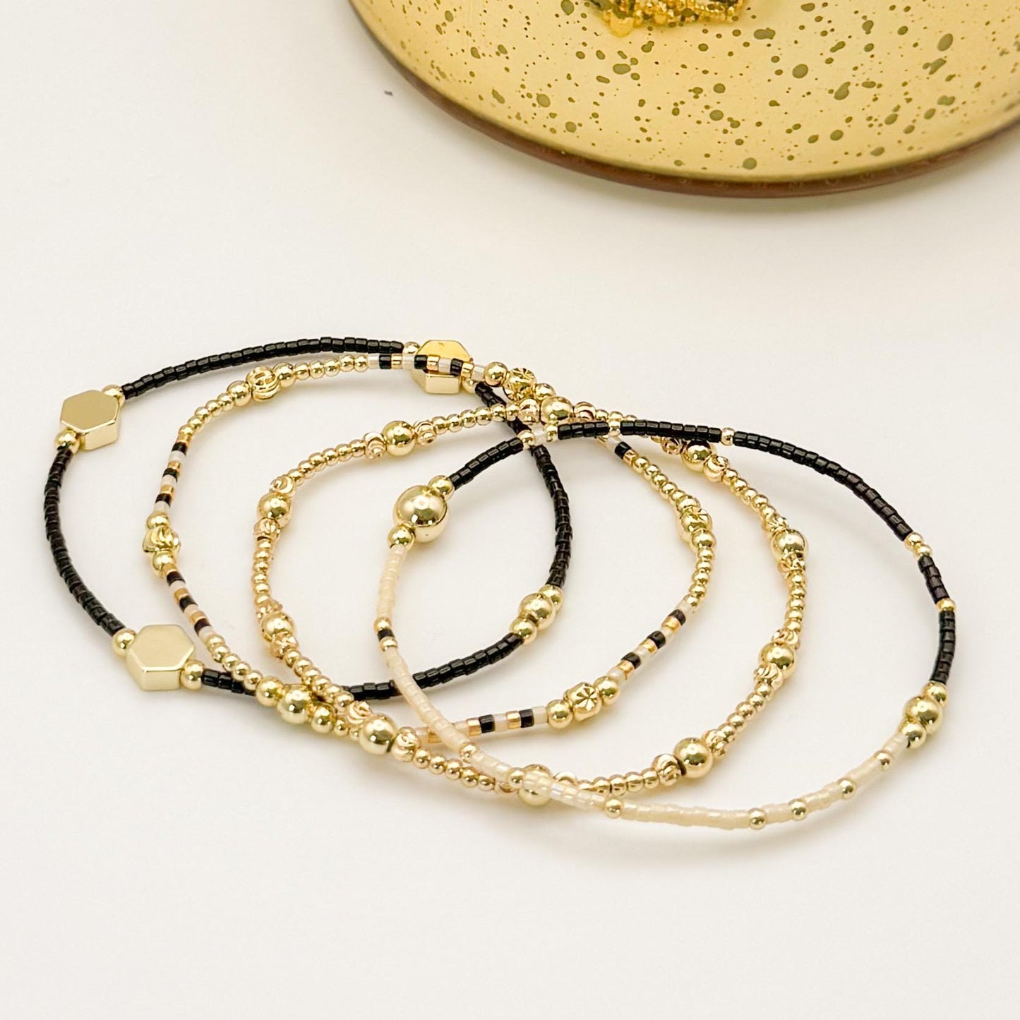 Midnight Glow | 18k gold filled with black and cream bracelet stack | beaded stretch bracelet | tiny bead bracelet | seed bead | holiday