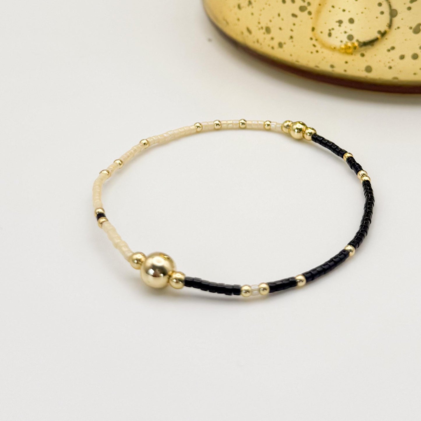 Midnight Glow | 18k gold filled with black and cream bracelet stack | beaded stretch bracelet | tiny bead bracelet | seed bead | holiday