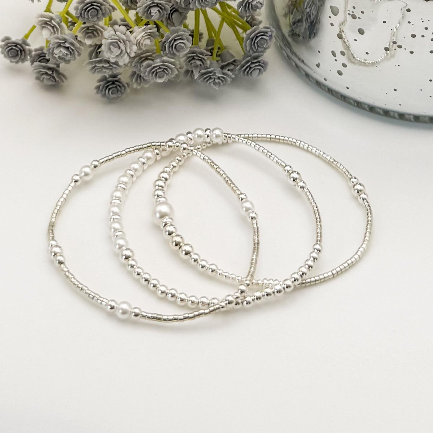 Silver and Pearl Stack | sterling silver with silver seed beads | beaded stretch bracelet | tiny bead bracelet | bracelet set |gift set