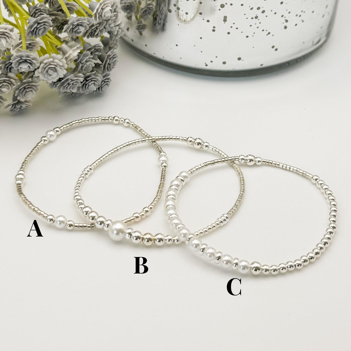 Silver and Pearl Stack | sterling silver with silver seed beads | beaded stretch bracelet | tiny bead bracelet | bracelet set |gift set