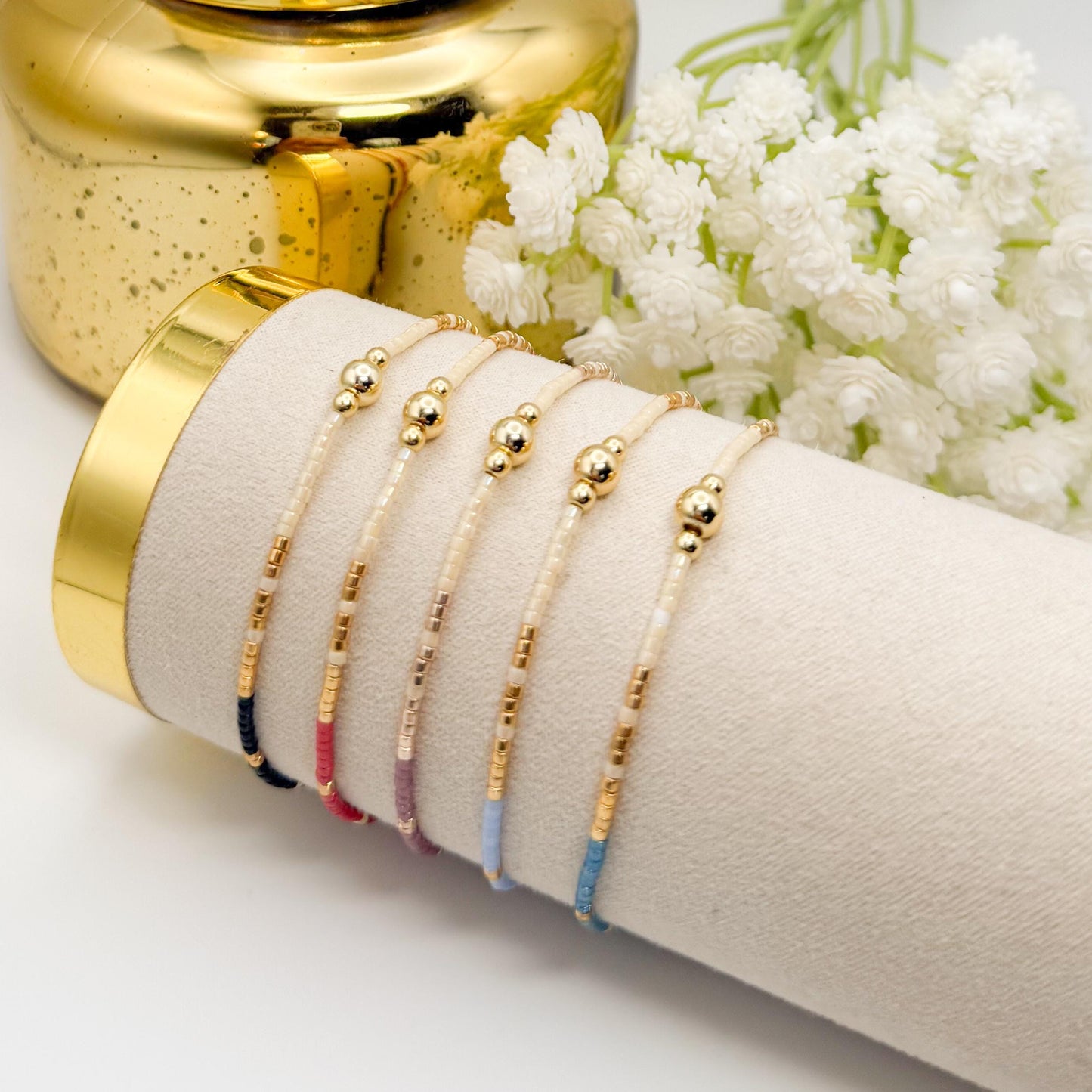 Winter seed bead stacking bracelet | 18k gold filled with colorful and gold tiny beads  | beaded stretch bracelet  | seed bead | elegant