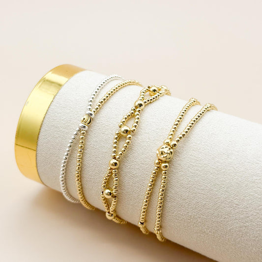 Gold Double Bracelet | 18k gold filled double strand bracelet | beaded stretch bracelet | tiny bead bracelet | mixed metal | gift set