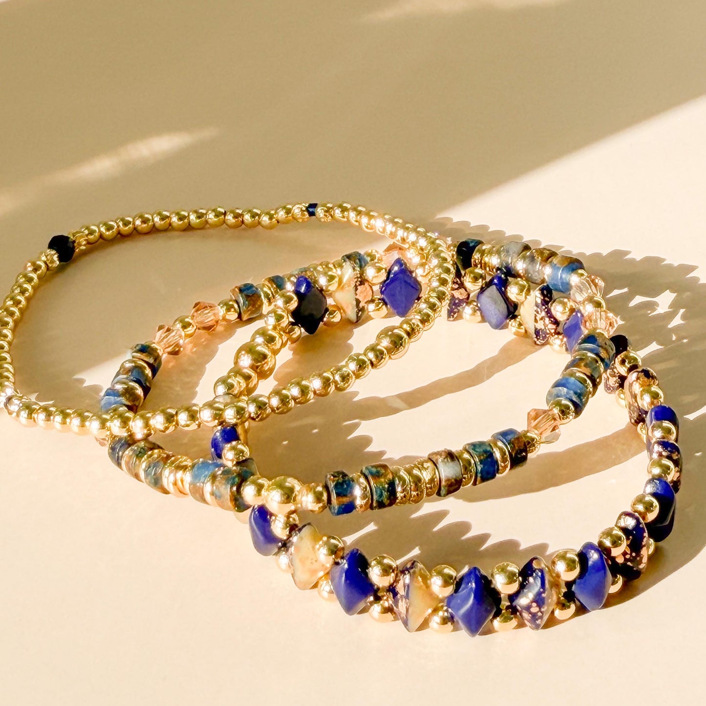 Timeless Stack | 18k gold filled with Navy Diamond Shape Beads and Jasper Stone |Beaded Stretch Bracelet | Vintage Bead| Chain | Chunky Gold