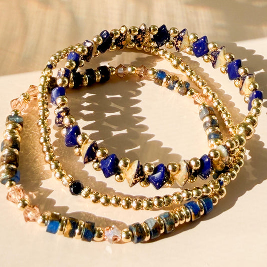 Timeless Stack | 18k gold filled with Navy Diamond Shape Beads and Jasper Stone |Beaded Stretch Bracelet | Vintage Bead| Chain | Chunky Gold