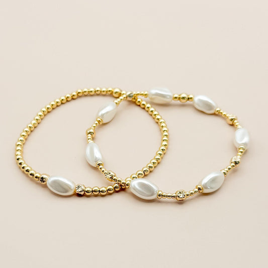 Pearl and Heart Stack | 18k gold filled with Pearl Beads and Heart Chain Bracelet |Beaded Stretch Bracelet | Chain
