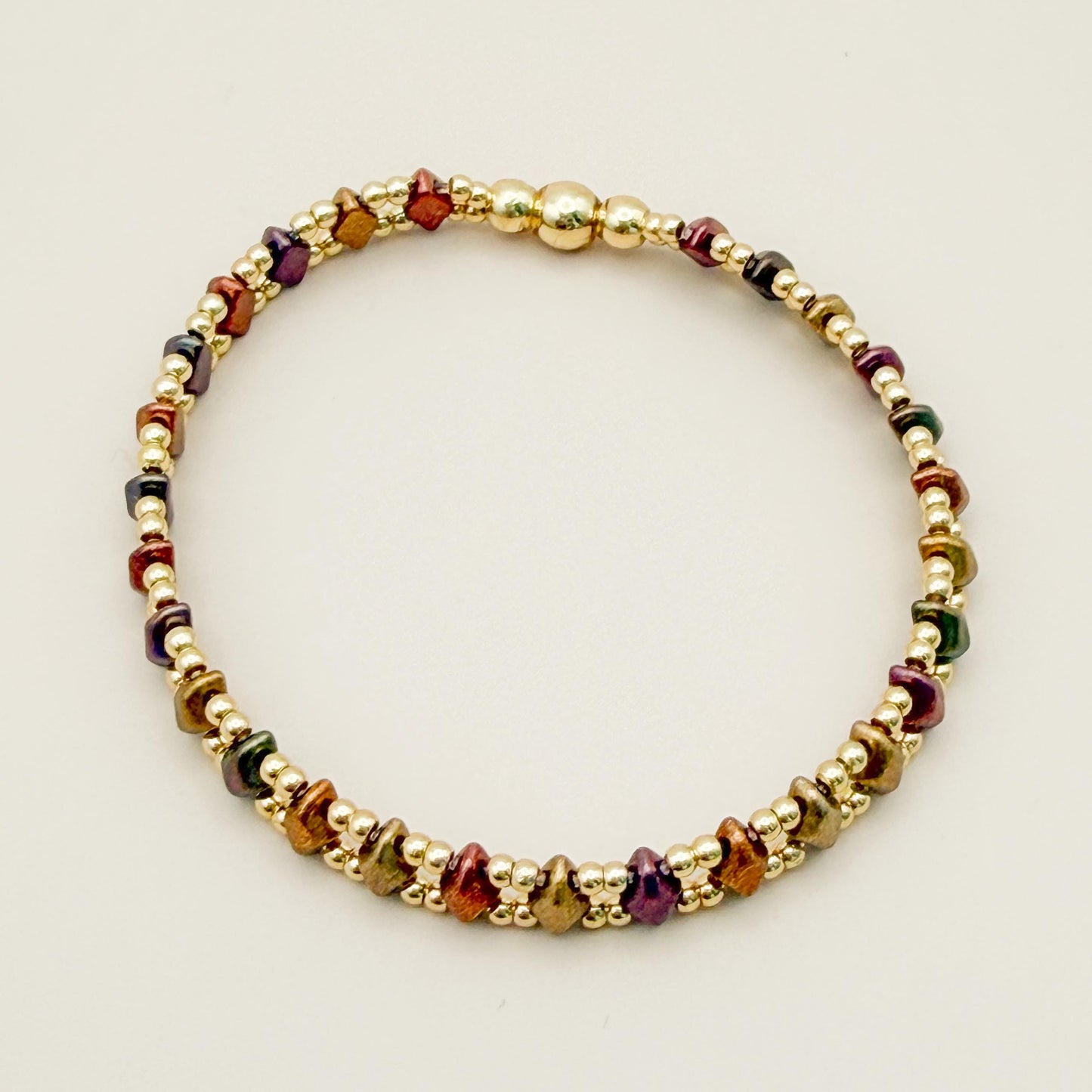 Horizon Bracelet | 18k Gold Filled with Mini Multicolor Diamond Shape Bead | Link Design | Beaded Stretch Bracelet | Dainty | Brown & Golden