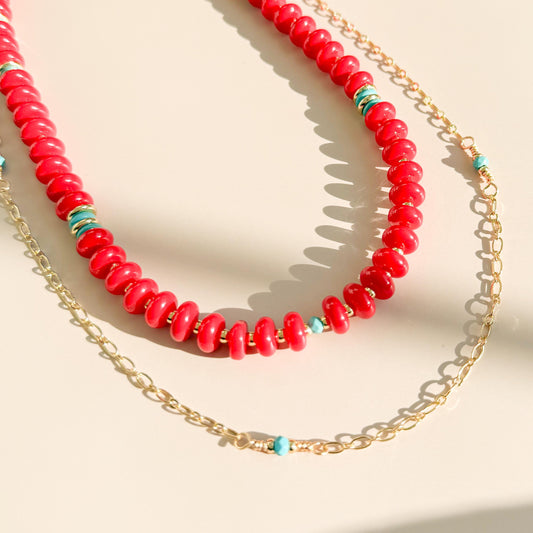 Red Beaded with Turquoise Necklace Set | 18k Gold Filled Beads with Red and Turquoise Beads and Chain Necklace | Layered Necklace