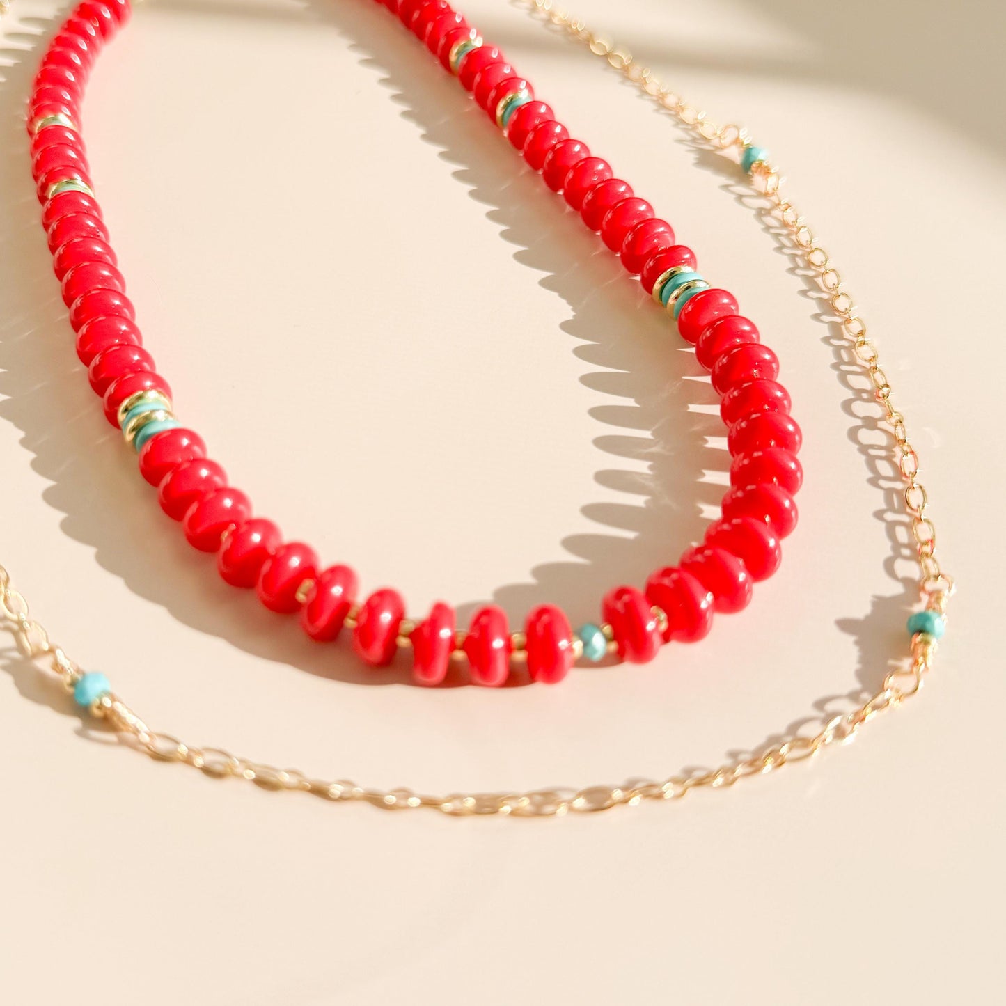 Red Beaded with Turquoise Necklace Set | 18k Gold Filled Beads with Red and Turquoise Beads and Chain Necklace | Layered Necklace