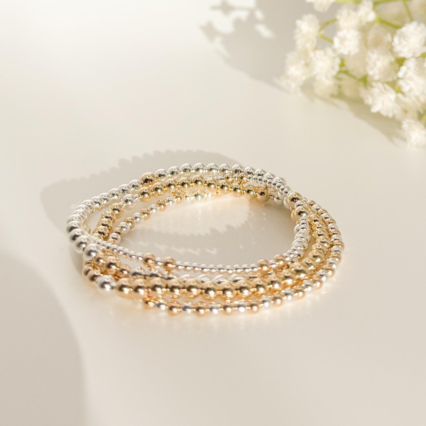 Signature Mixed Metals Stack | 14k Gold Filled Non-Tarnish with Sterling Silver | Stretch Beaded Bracelet Stack