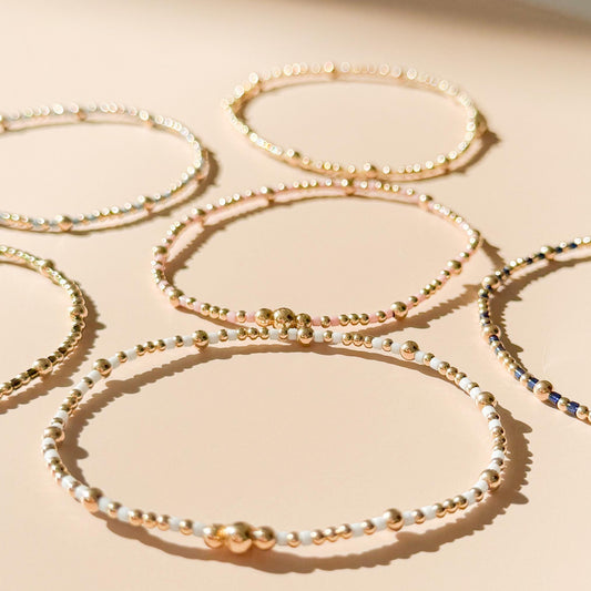 Signature Colored Stacking Bracelets | 14k Gold Filled Non-Tarnish with Colored Seed Beads| Stretch Beaded Bracelet Stack | Tiny bead