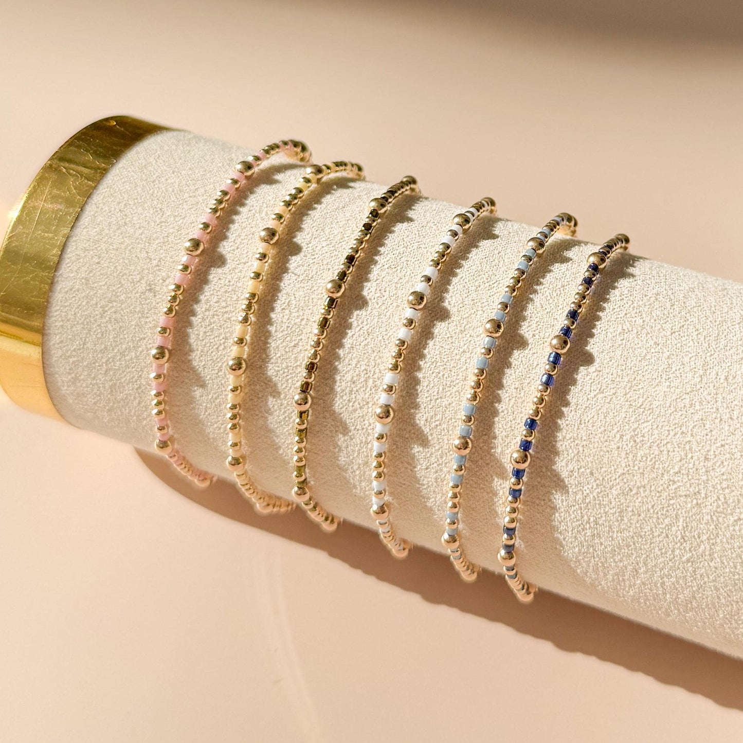 Signature Colored Stacking Bracelets | 14k Gold Filled Non-Tarnish with Colored Seed Beads| Stretch Beaded Bracelet Stack | Tiny bead