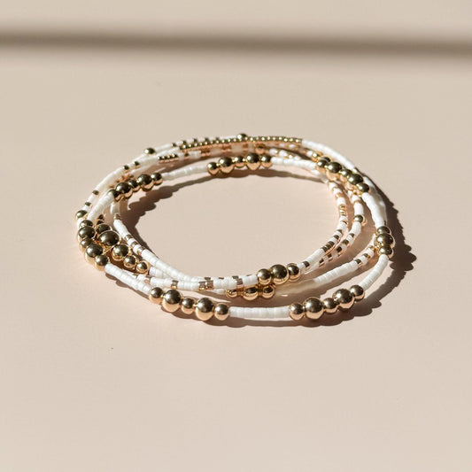 Signature White and Gold Stack | 14k Gold Filled Non-Tarnish with White and Gold Seed Beads | Stretch Beaded Bracelet Stack | Tiny Bead