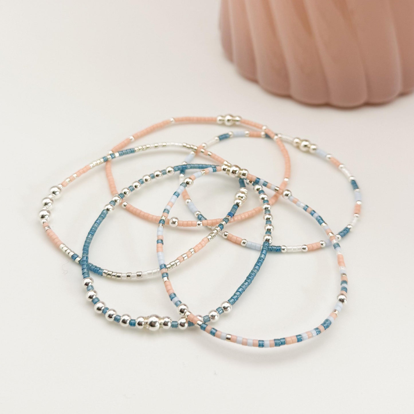 Sky | 925 Sterling Silver with Dusk Blue and Salmon Seed Beads Bracelet Stack | Tiny Bead Bracelet | Beaded Stretch Bracelet Set |