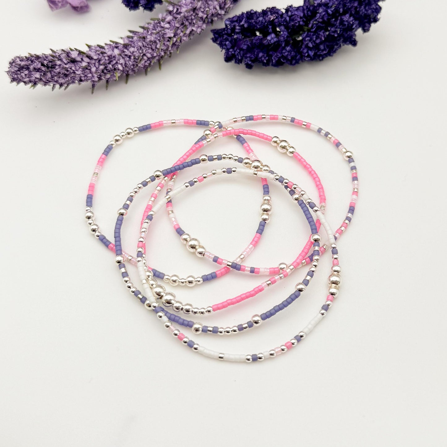 Sugar Plum | 925 Sterling Silver with Pink and Lavender Purple Seed Beads Bracelet Stack | Tiny Bead Bracelet | Beaded Stretch Bracelet