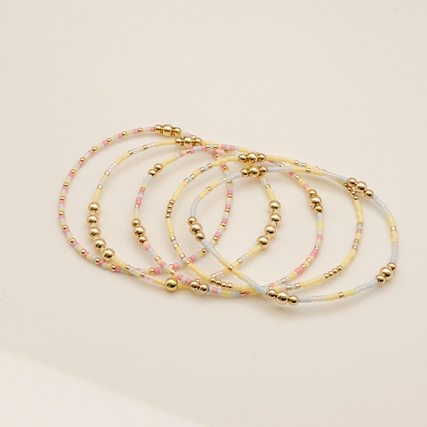 Signature Pastel Stack | 14k Gold Filled Non-Tarnish with Baby Blue, Butter Yellow and Pink Seed Beads | Stretch Bracelet Stack | Tiny Beads