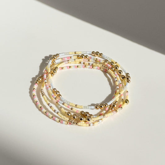 Signature Pastel Stack | 14k Gold Filled Non-Tarnish with Baby Blue, Butter Yellow and Pink Seed Beads | Stretch Bracelet Stack | Tiny Beads