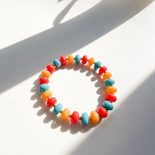 Sunset Brights Mix | 18k Gold Filled with Blue, Orange and Red Flat Rondelle Beads | Colorful | Beaded Stretch Bracelet | Transparent bead