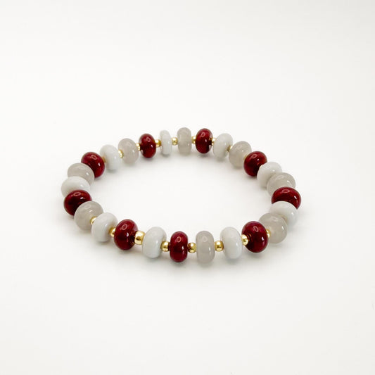 Cherry Vanilla Mix | 18k Gold Filled with Grays and Maroon Flat Rondelle Beads | Colorful | Beaded Stretch Bracelet | Transparent bead