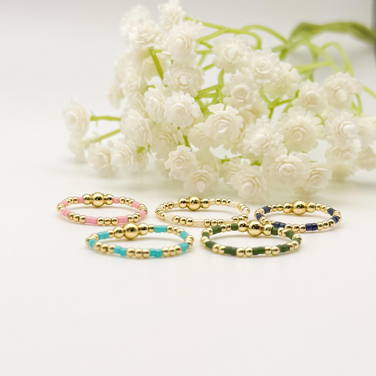Color Block Beaded Rings | 18k Gold Filled Rings with Colorful Seed Beads | Stacking Rings | Stretch