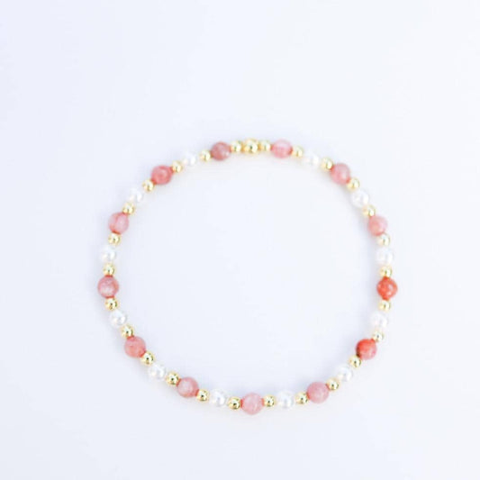 Gemstone Stretch Bracelet | 18k gold filled beaded bracelet with rose gemstones | Beaded pearl Bracelet | Summer | stone with pearls