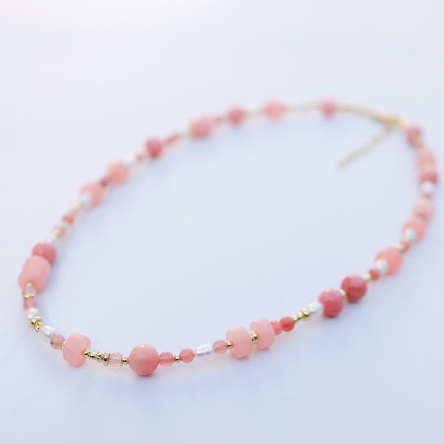Pink Dyed Quartz | 18k Gold Filled Beads with Red and Turquoise Beads and Chain Necklace | Layered Necklace
