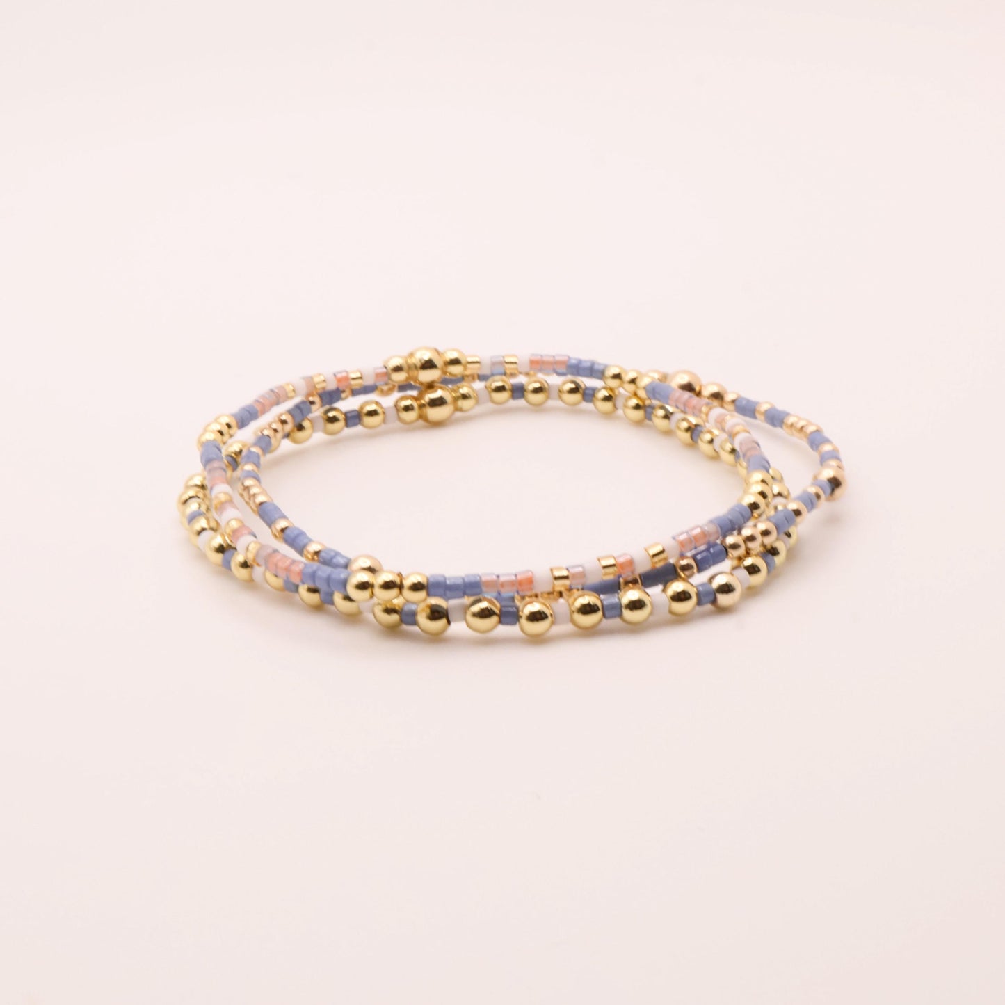 Denim & White Beaded 3 Piece Stack| 18k Gold Filled Blue and White Pink Seed Bead Bracelet Stack| Tiny Bead Bracelet
