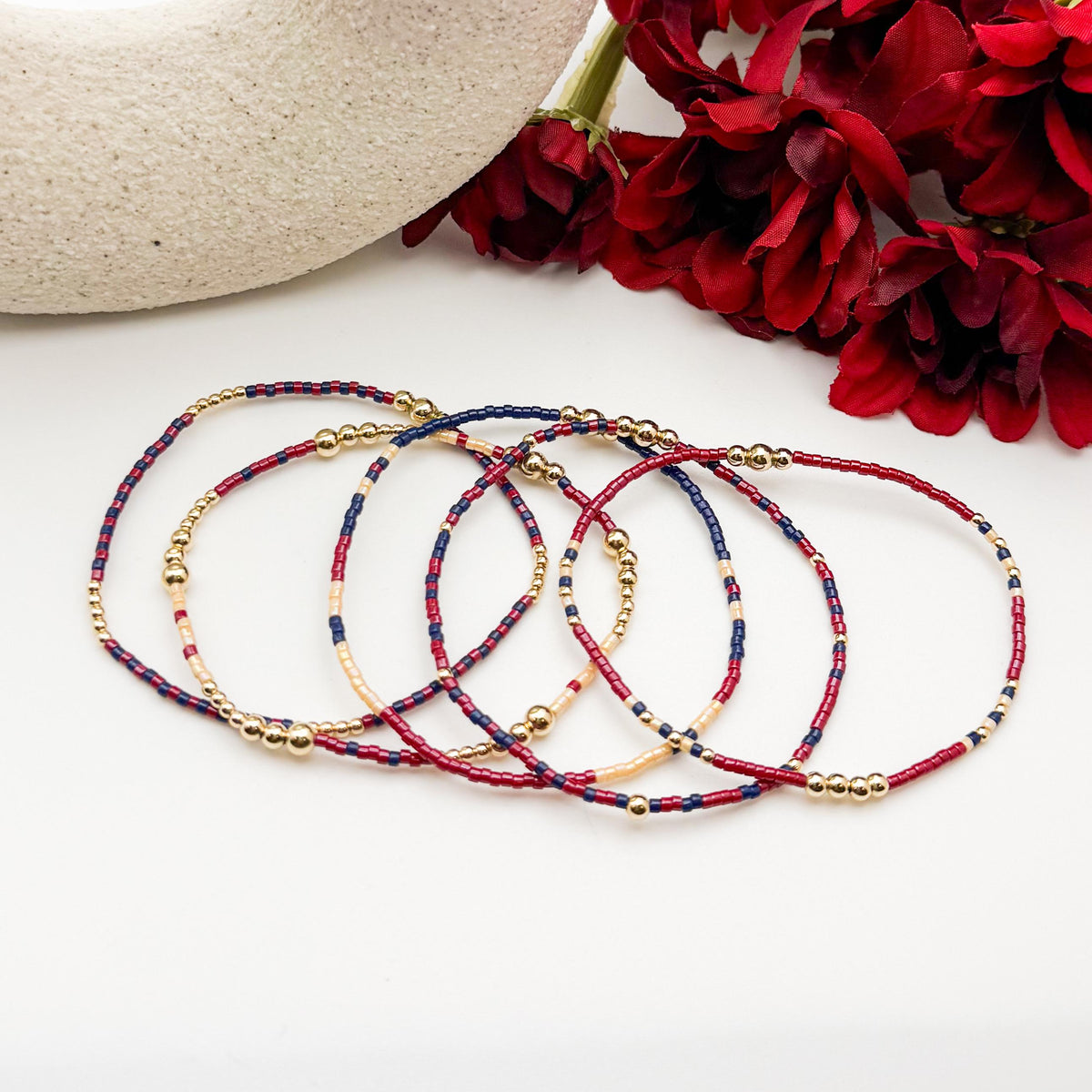 Signature Cranberry Stack | 14k Gold Filled Non-Tarnish with Navy and Maroon Tiny Beads | Stackable Bracelet Stack | Fall Bracelet Set