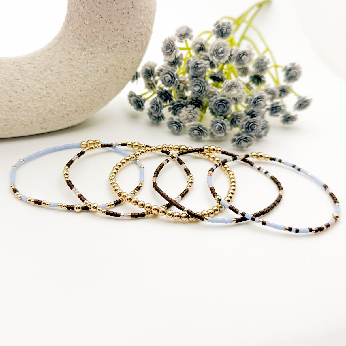 Signature Espresso Stack | 14k Gold Filled Non-Tarnish Seed Bead Bracelets Beaded Bracelet Stack | Tiny Bead | Brown & Light Blue Bracelets