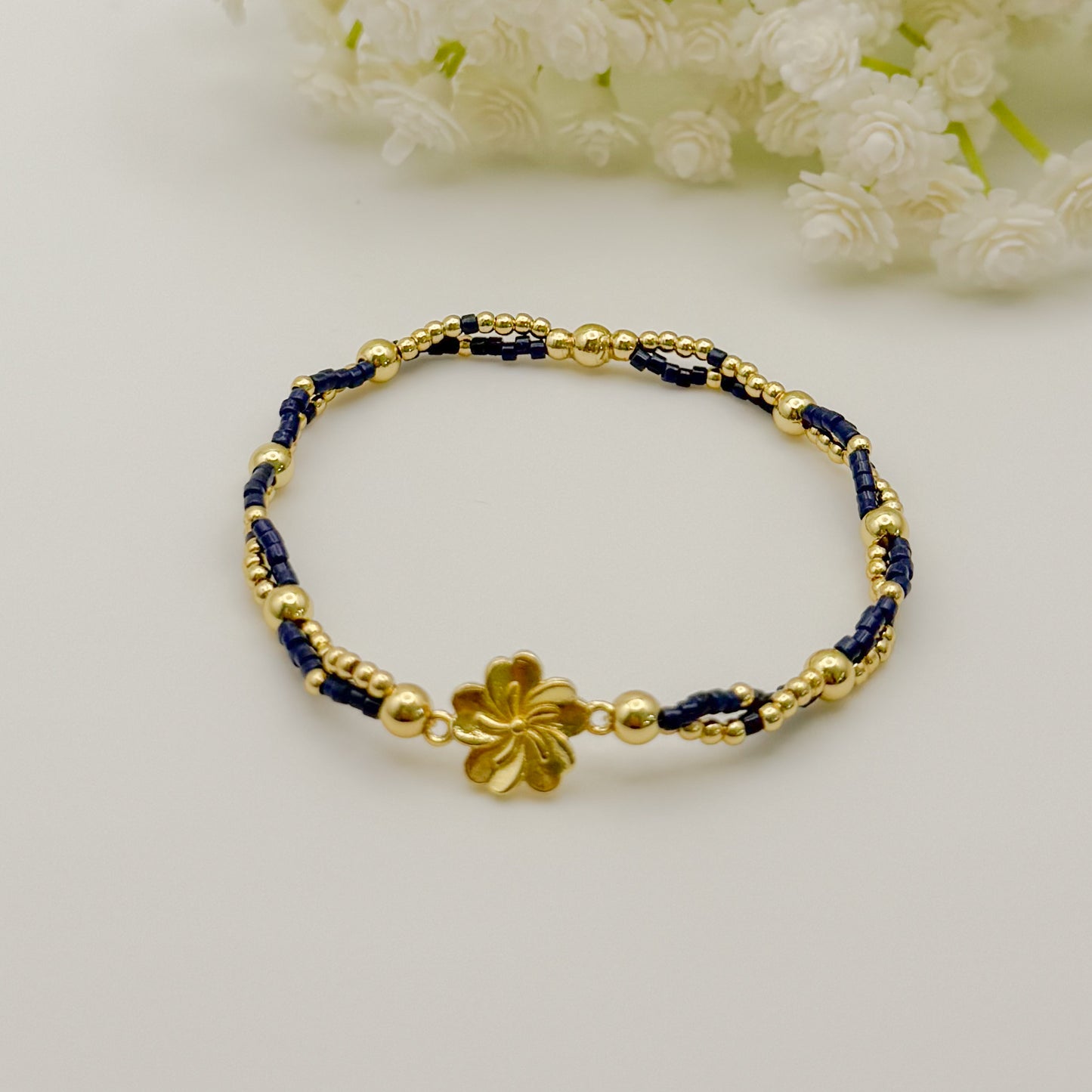Double Strand Flower Bracelet| 18k gold filled with flower connector charm | stretch bracelet | tiny bead bracelet | beaded bracelet