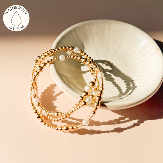 Signature Pearl Stack | 14k Gold Filled Non-Tarnish with Pearl Beads | Stretch Beaded Bracelet Stack