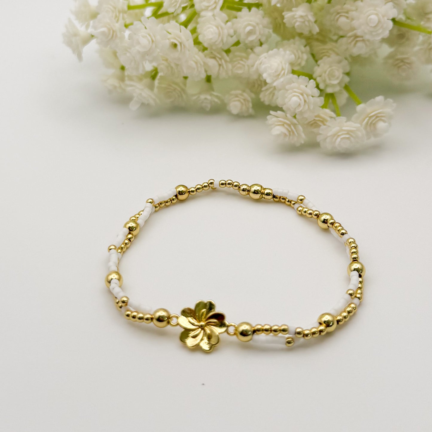 Double Strand Flower Bracelet| 18k gold filled with flower connector charm | stretch bracelet | tiny bead bracelet | beaded bracelet