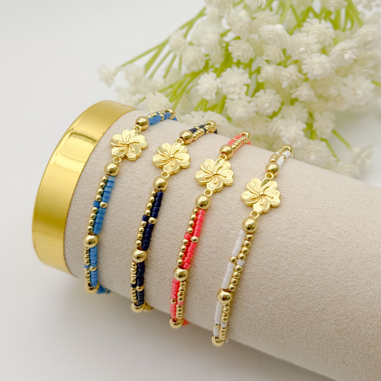 Double Strand Flower Bracelet| 18k gold filled with flower connector charm | stretch bracelet | tiny bead bracelet | beaded bracelet