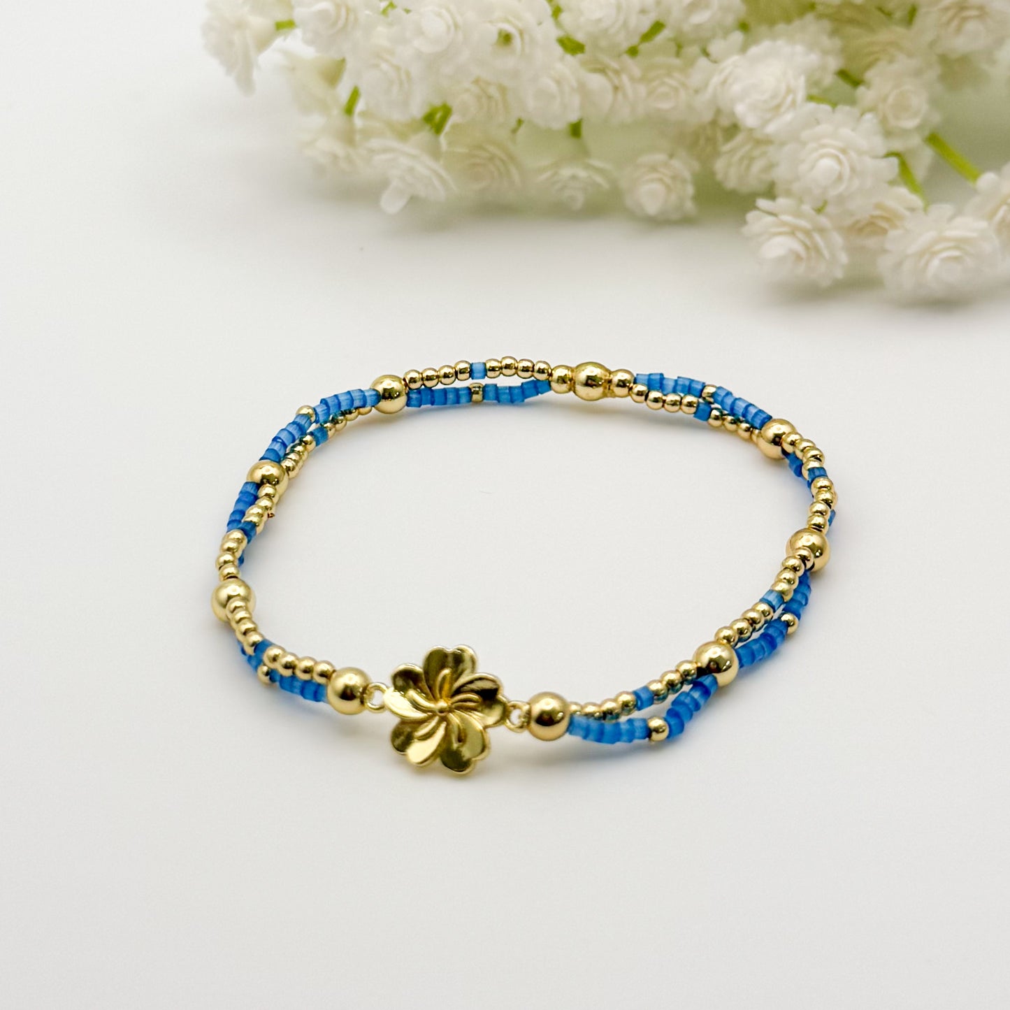 Double Strand Flower Bracelet| 18k gold filled with flower connector charm | stretch bracelet | tiny bead bracelet | beaded bracelet