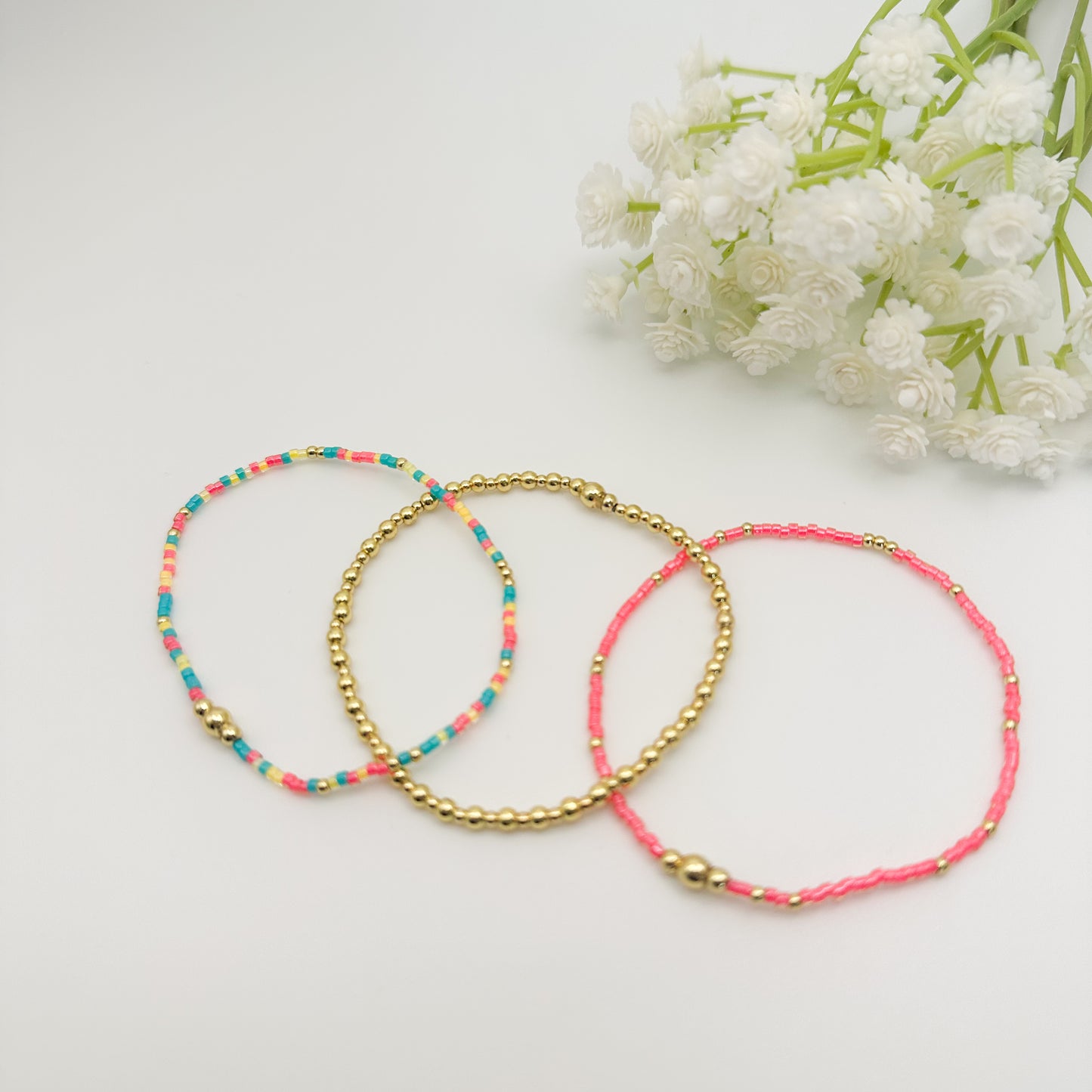 18k gold and colorful bracelet stack | gold filled beads | seed bead bracelet | bracelet stack | layered gold bracelet | vibrant