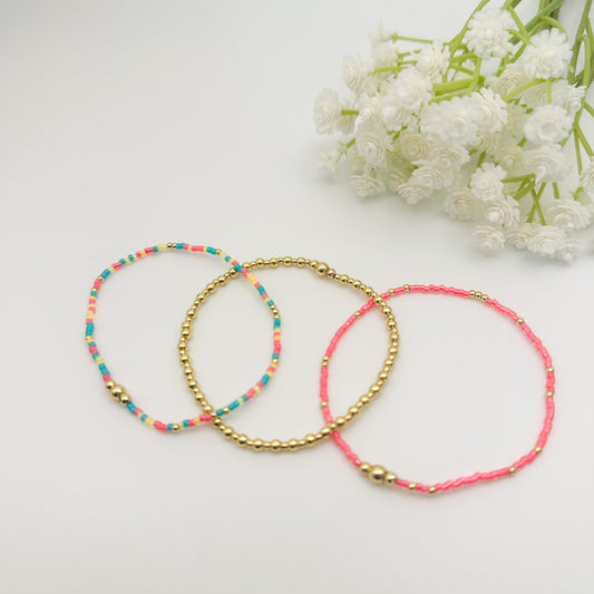 18k gold and colorful bracelet stack | gold filled beads | seed bead bracelet | bracelet stack | layered gold bracelet | vibrant
