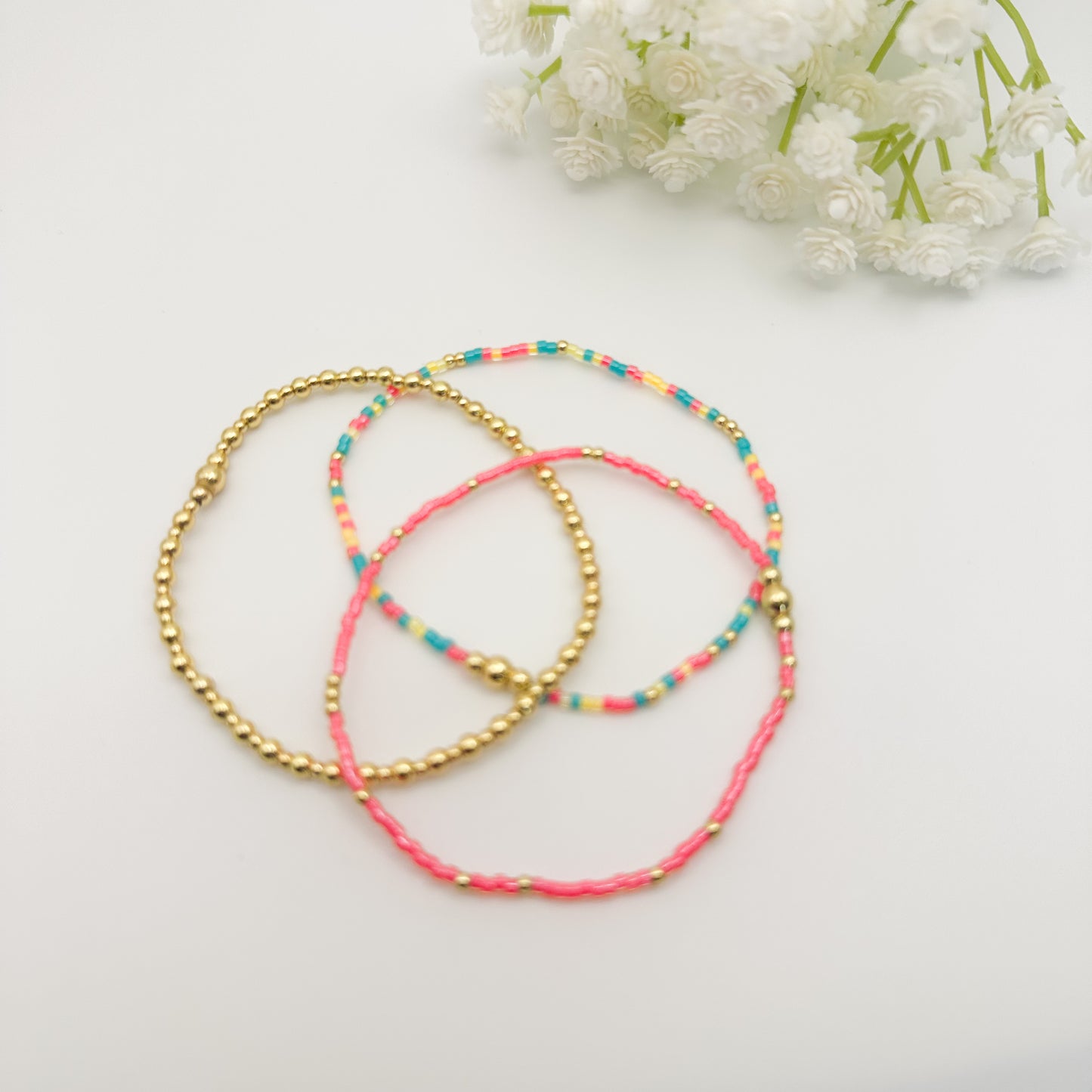 18k gold and colorful bracelet stack | gold filled beads | seed bead bracelet | bracelet stack | layered gold bracelet | vibrant