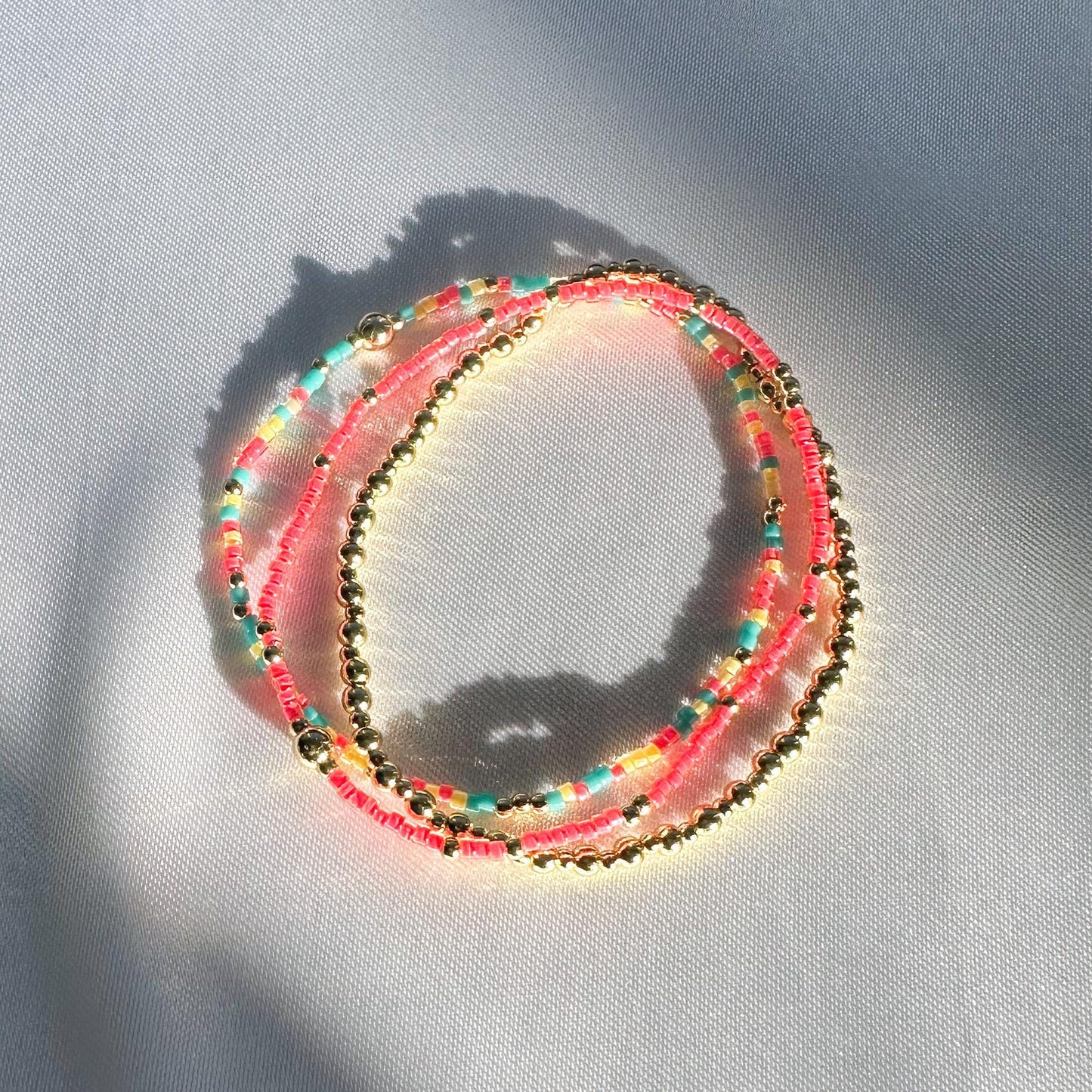 Colorful Mix 3 Piece Bracelet Stack | 18k Gold Filled with Poppy Red, Yellow and Teal Seed Beads| Tiny Bead Bracelet | Stretch bracelet Stack