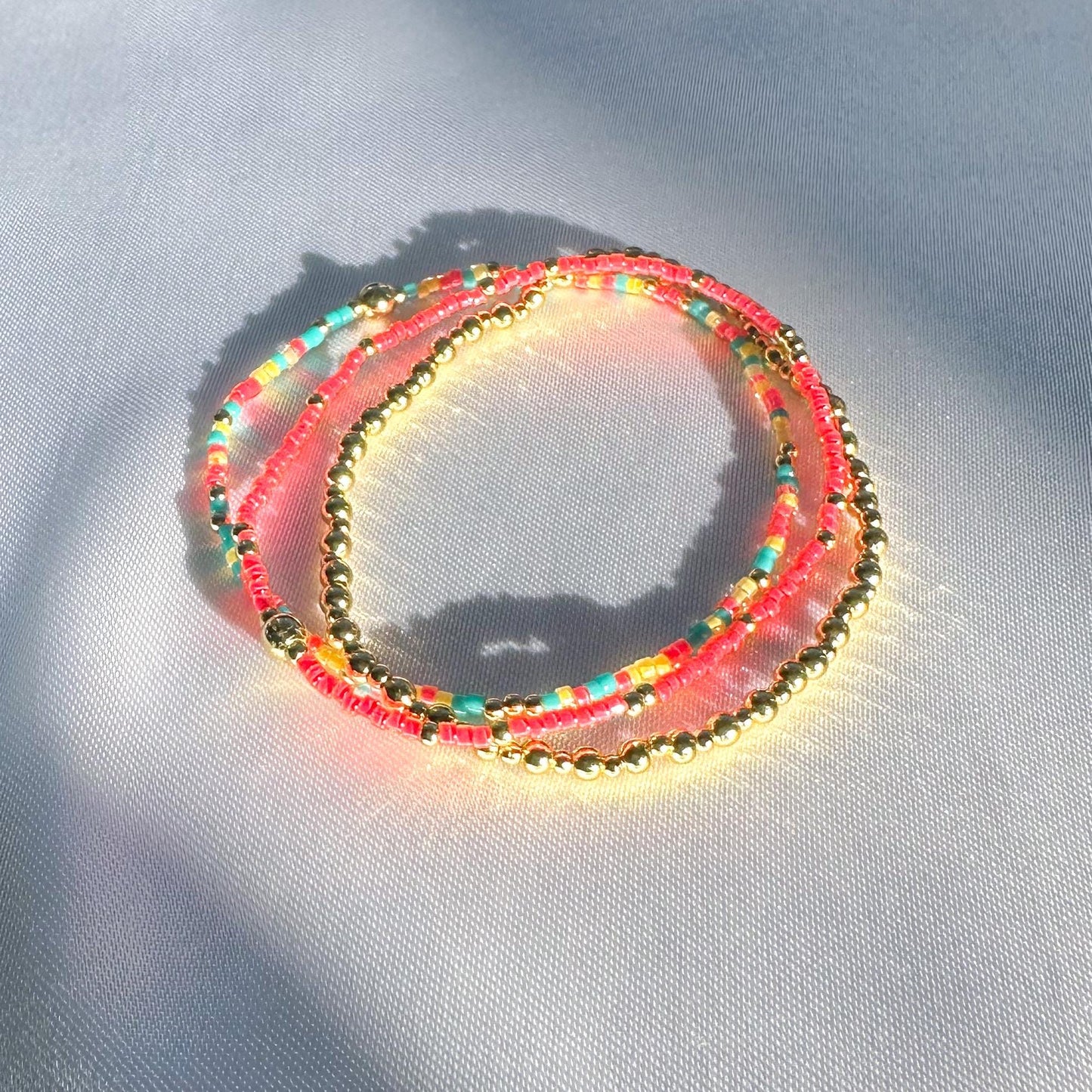 Colorful Mix 3 Piece Bracelet Stack | 18k Gold Filled with Poppy Red, Yellow and Teal Seed Beads| Tiny Bead Bracelet | Stretch bracelet Stack