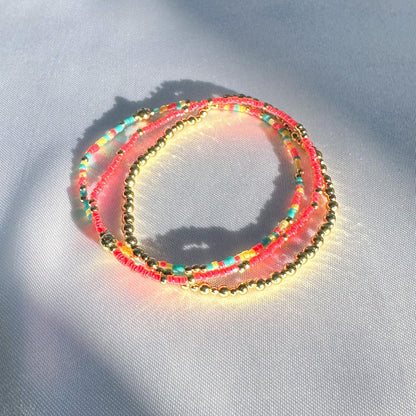 Colorful Mix 3 Piece Bracelet Stack | 18k Gold Filled with Poppy Red, Yellow and Teal Seed Beads| Tiny Bead Bracelet | Stretch bracelet Stack