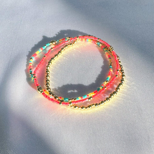 Colorful Mix 3 Piece Bracelet Stack | 18k Gold Filled with Poppy Red, Yellow and Teal Seed Beads| Tiny Bead Bracelet | Stretch bracelet Stack