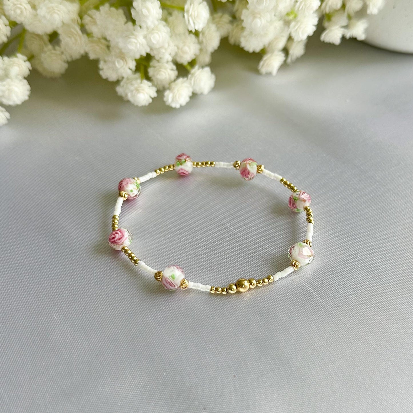 Floral pink and gold bead bracelet | 18k gold filled beads with pink floral bead bracelets