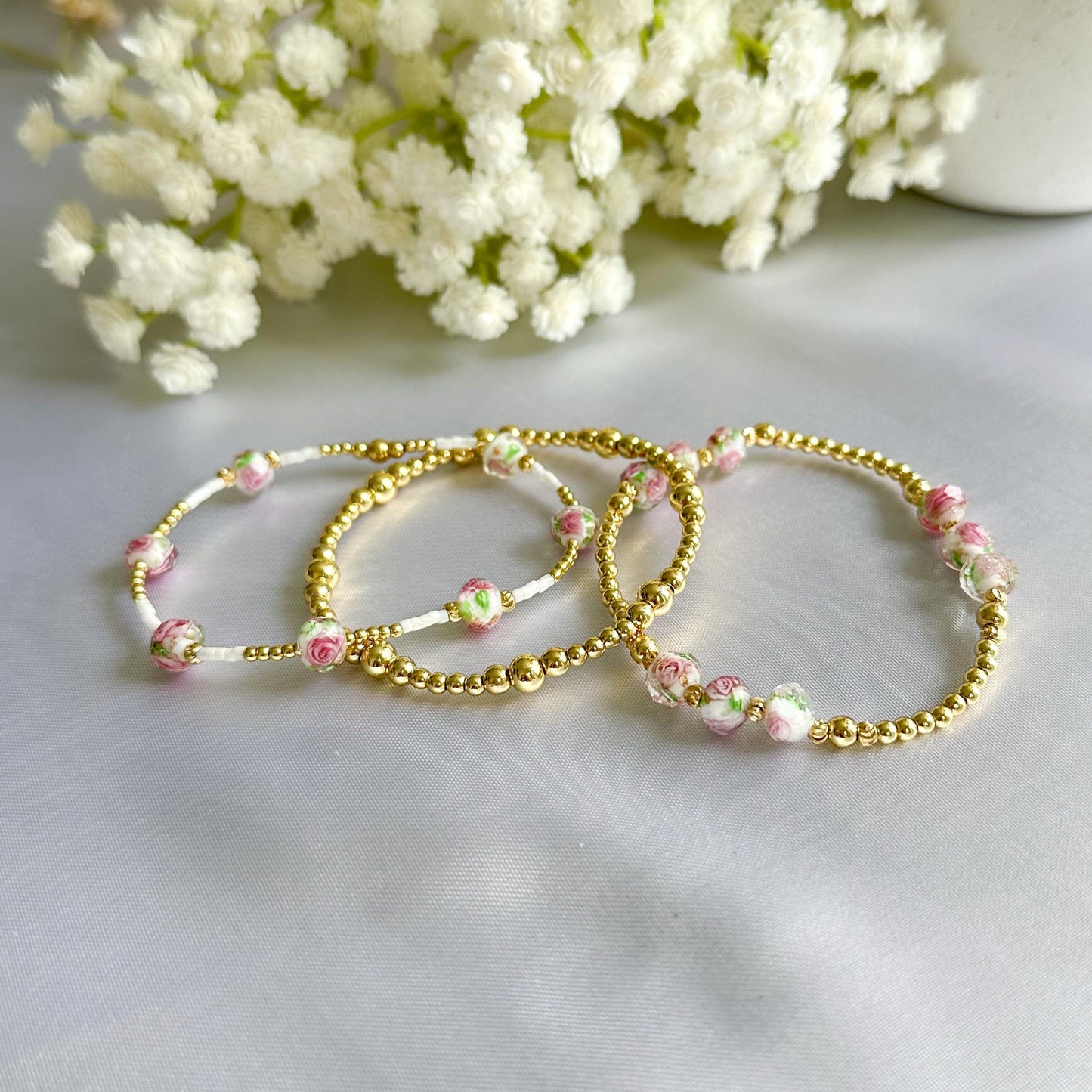 Floral pink and gold bead bracelet | 18k gold filled beads with pink floral bead bracelets